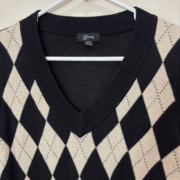 VTG Guess Argyle Sweater Women M Black Gold V-Neck Old Money Preppy Y2K Academia - Picture 2 of 7